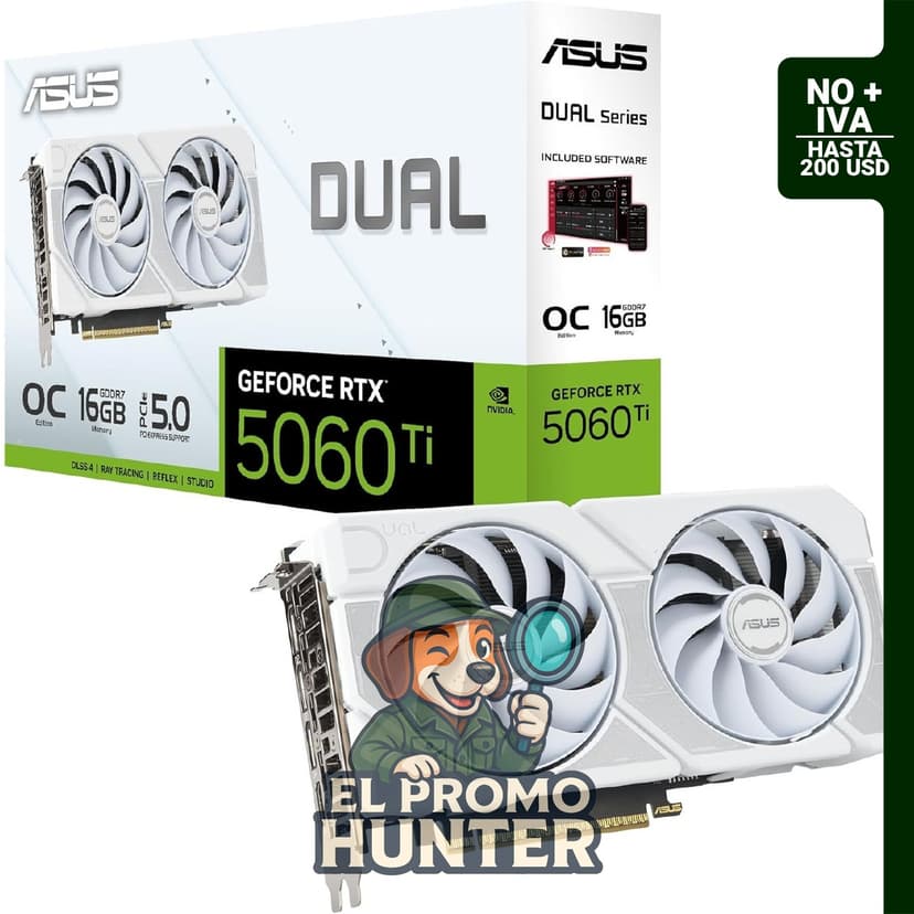 ASUS Dual GeForce RTX 5060 Ti 16GB GDDR7 Edición OC Blanca, tarjeta gráfica con PCIe 5.0, DLSS 4 y conectividad HDMI 2.1b y DisplayPort 2.1b.