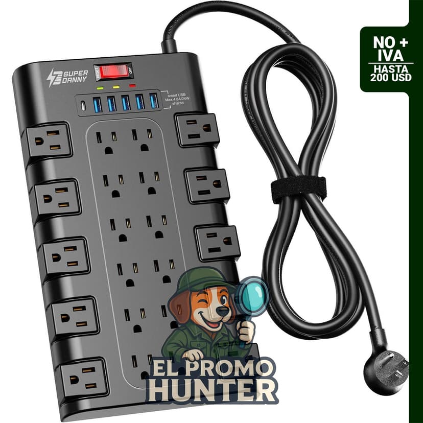 Regleta de alimentación SUPERDANNY con 22 tomas AC y 6 puertos USB, 1875 W, 15 A, 2100 julios.