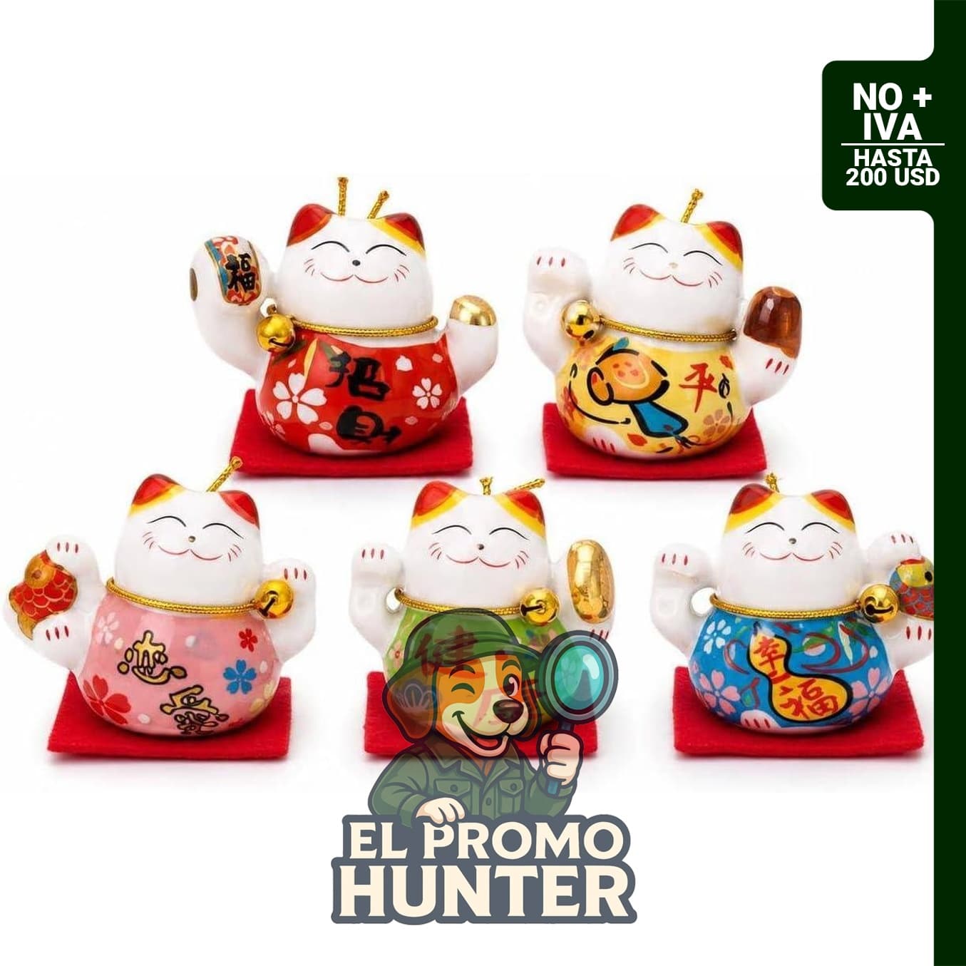 Lucky Cat - Juego de 5 figuras de cerámica china de gatos de la fortuna para decoración del hogar.
