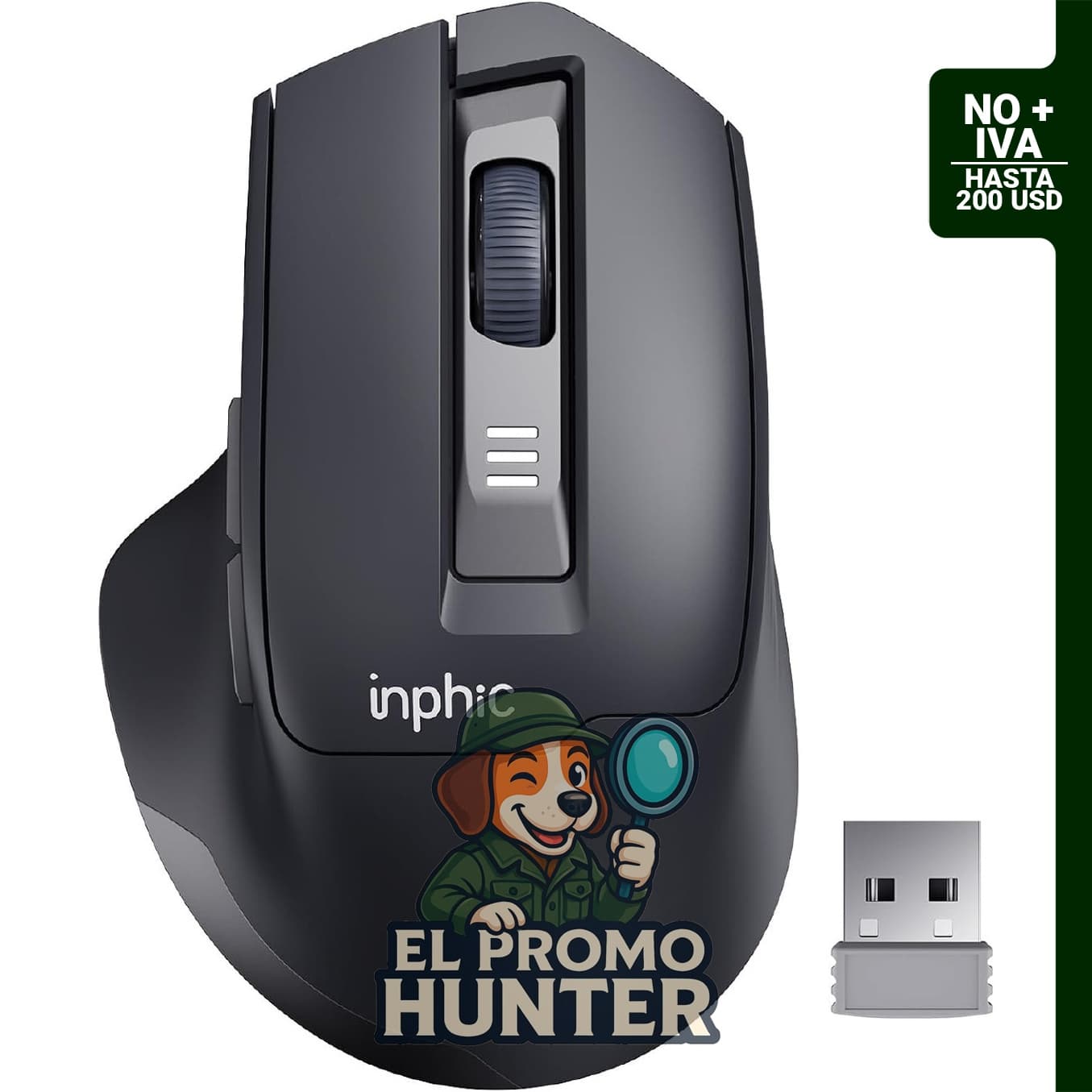 INPHIC Mouse inalámbrico recargable con 6 botones y 2400 DPI, conexión USB 2.4G, color gris.