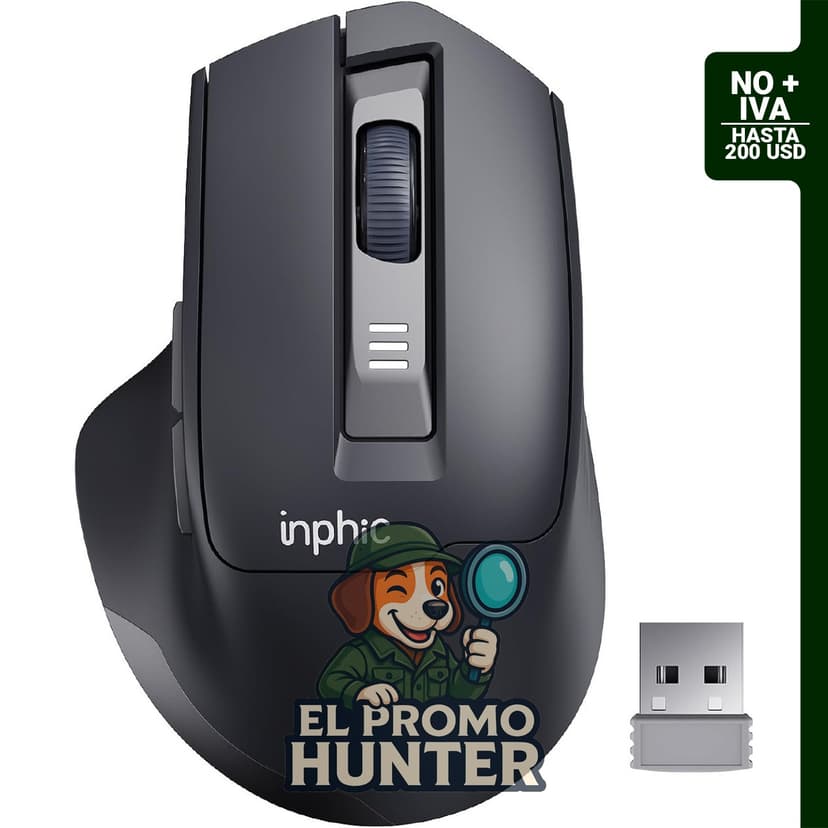 INPHIC Mouse inalámbrico recargable con 6 botones y 2400 DPI, conexión USB 2.4G, color gris.