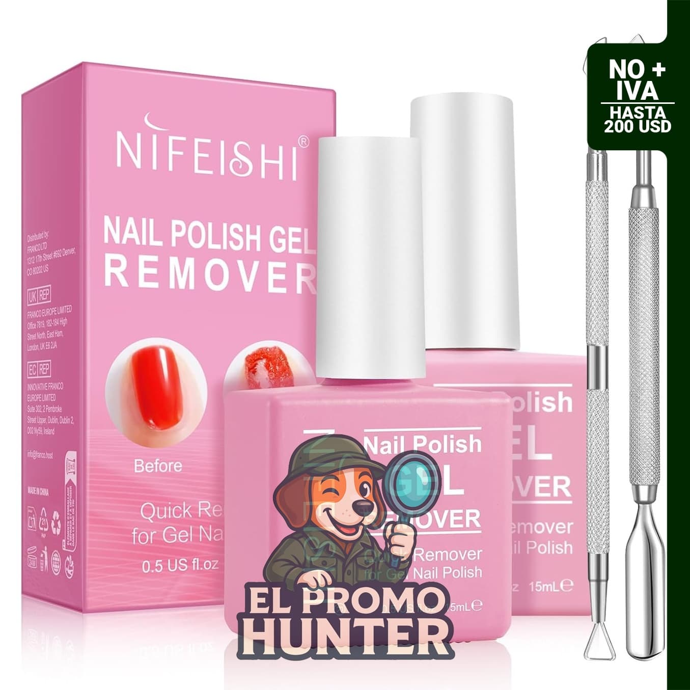 NIFEISHI Removedor de esmalte de gel para uñas, 2 unidades, incluye empujador.