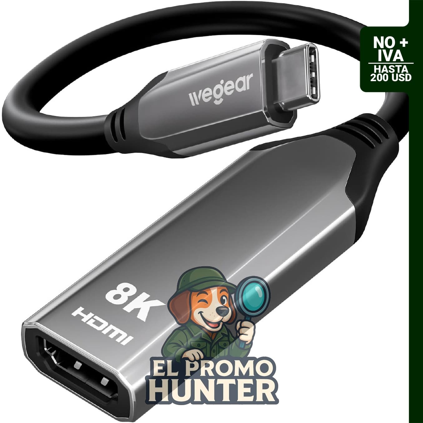 Adaptador Wegear USB C a HDMI 8K a 60Hz, compatible con Thunderbolt 3/4, soporta 48 Gbps, HDR10 y Dolby Vision.