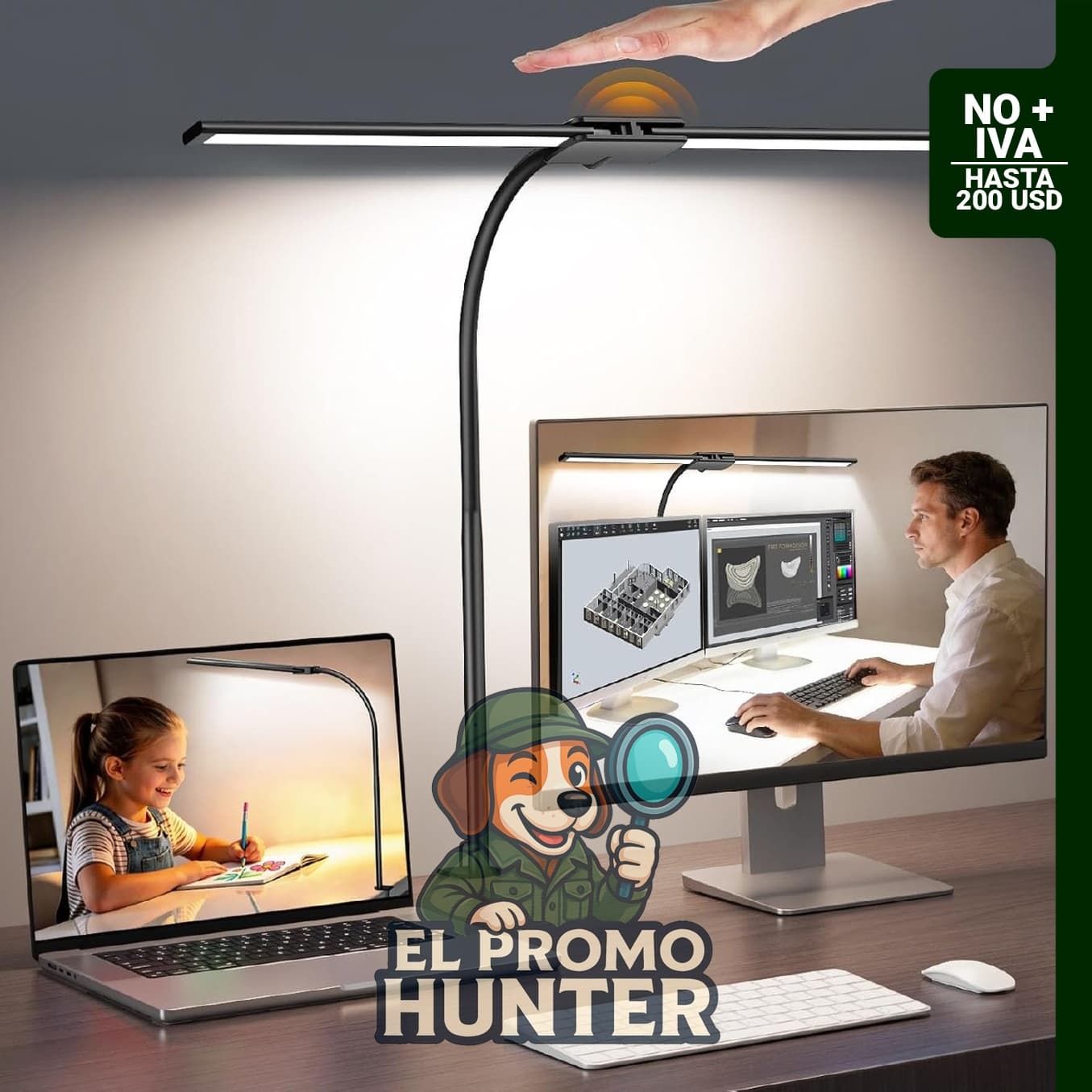 Syrinx Lámpara de escritorio LED de doble cabezal con cuello de ganso flexible y abrazadera, 50 modos de iluminación.