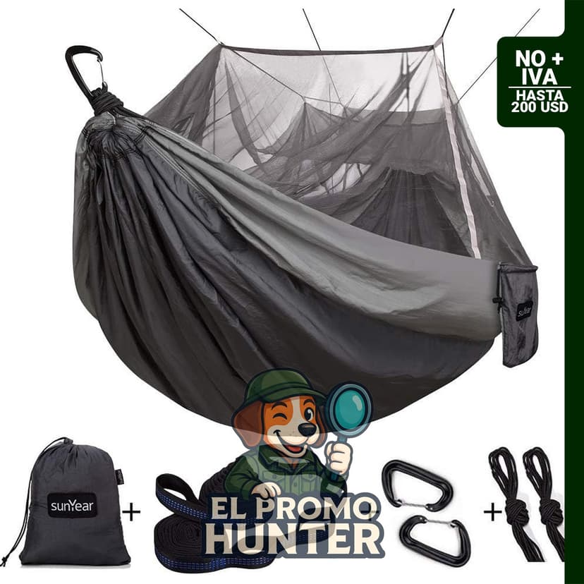 Sunyear Hamaca de Camping Doble 300 x 198 cm con Mosquitero, incluye 2 correas de 3 metros.