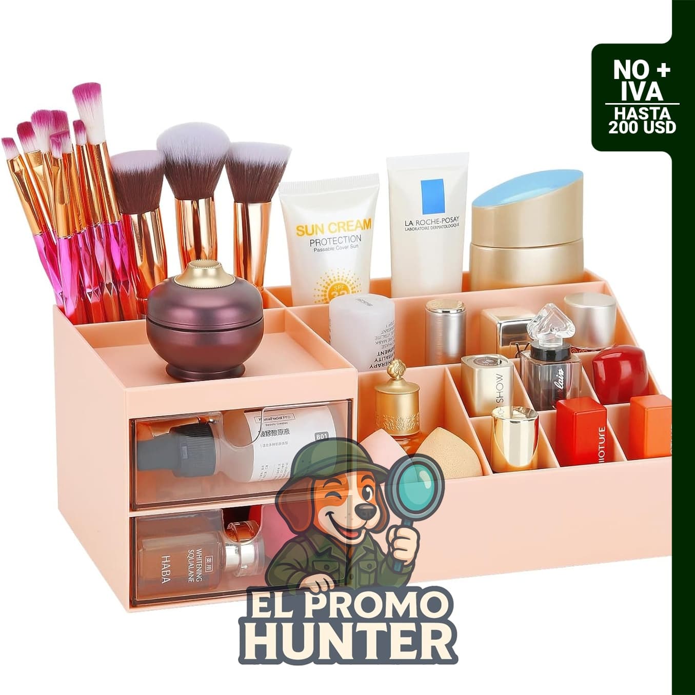 LETURE Organizador de Escritorio para maquillaje y cosméticos, con 10 compartimentos y 2 cajones.