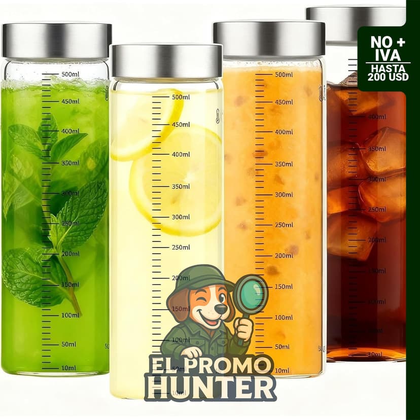 Pack de 4 botellas de vidrio borosilicato de 500 ml con tapa de acero inoxidable a prueba de fugas.
