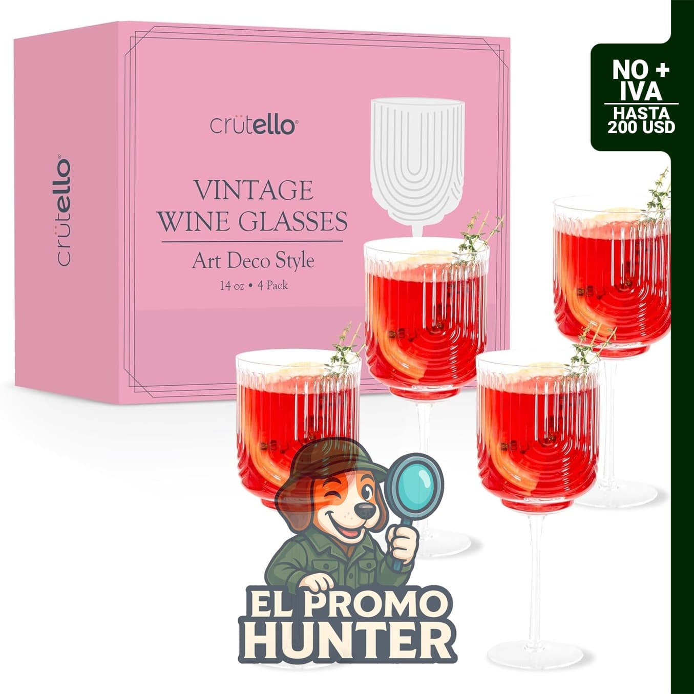 Crutello - Juego de 4 copas de vino vintage de 414 ml, acanaladas, estilo Art Deco.
