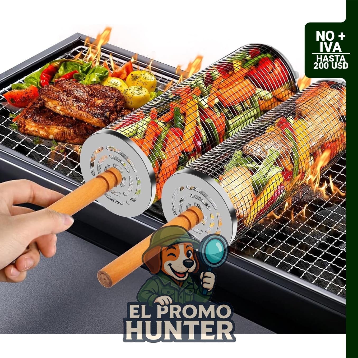 Pack de 2 cestas de parrilla anidables de acero inoxidable 304 (30 x 10 cm) con asas de madera extraíbles.