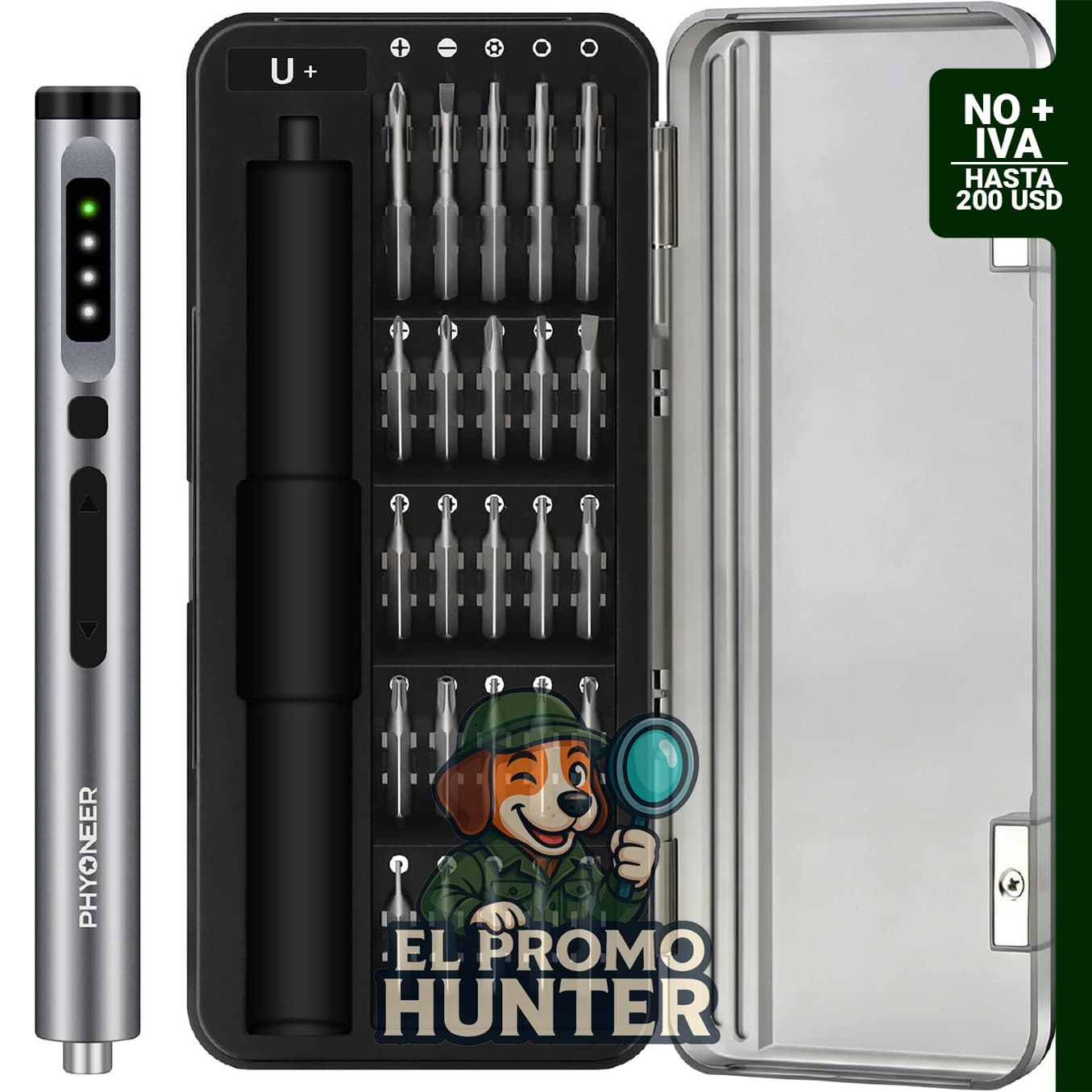 Mini destornillador eléctrico PHYONEER de 180 RPM con 25 puntas y conexión USB-C.