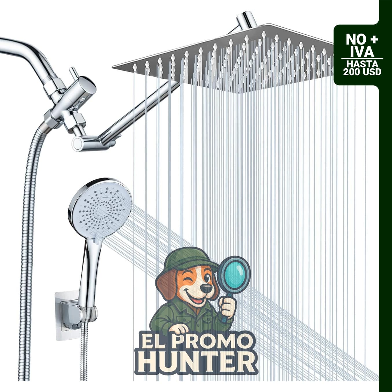 Cabezal de ducha de lluvia de 10 pulgadas con brazo de extensión ajustable de 11 pulgadas y ducha de mano de 5 ajustes.
