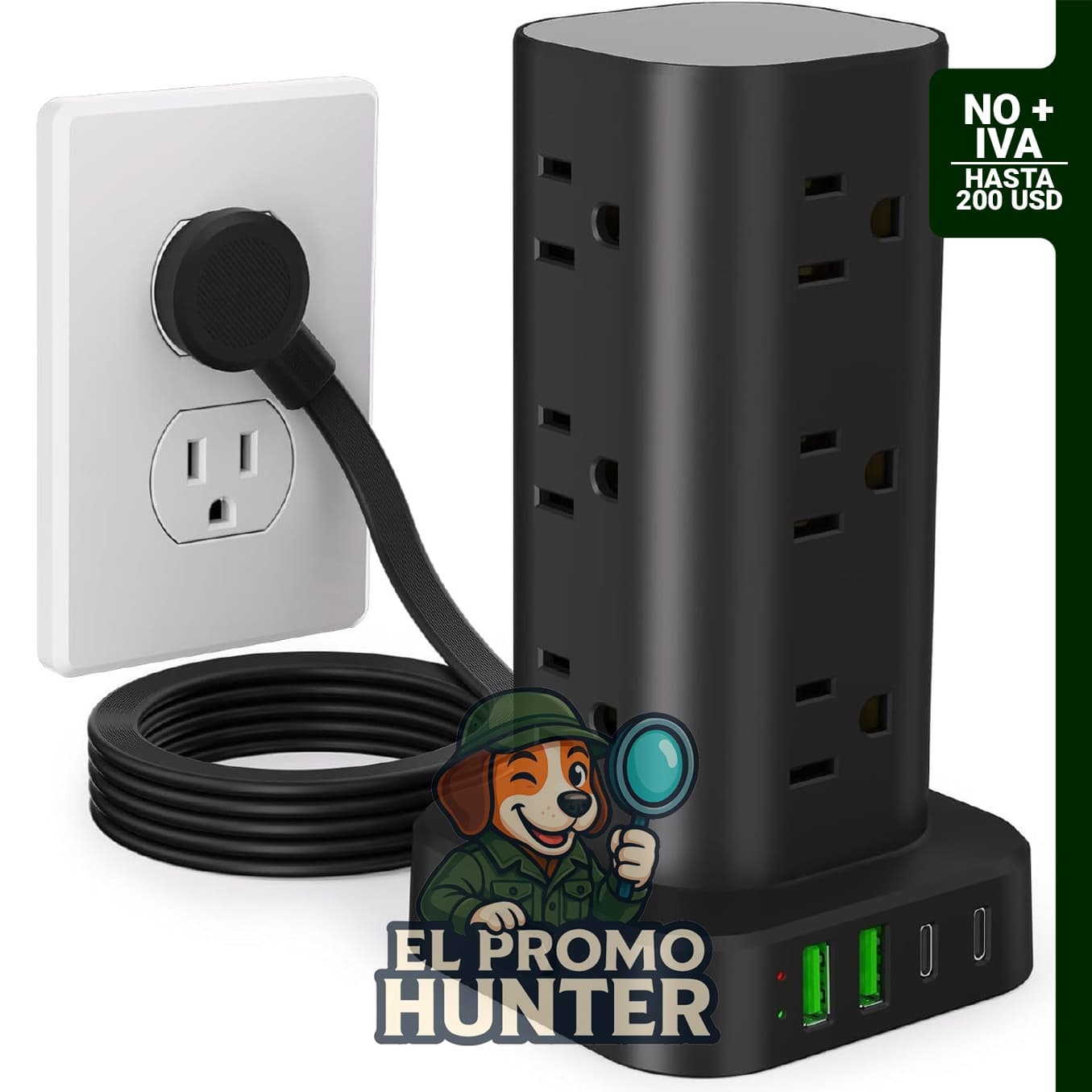 Regleta de alimentación de torre UWIWUTEI con 12 tomas de CA y 4 puertos USB (2 USB C), cable de 6 pies.