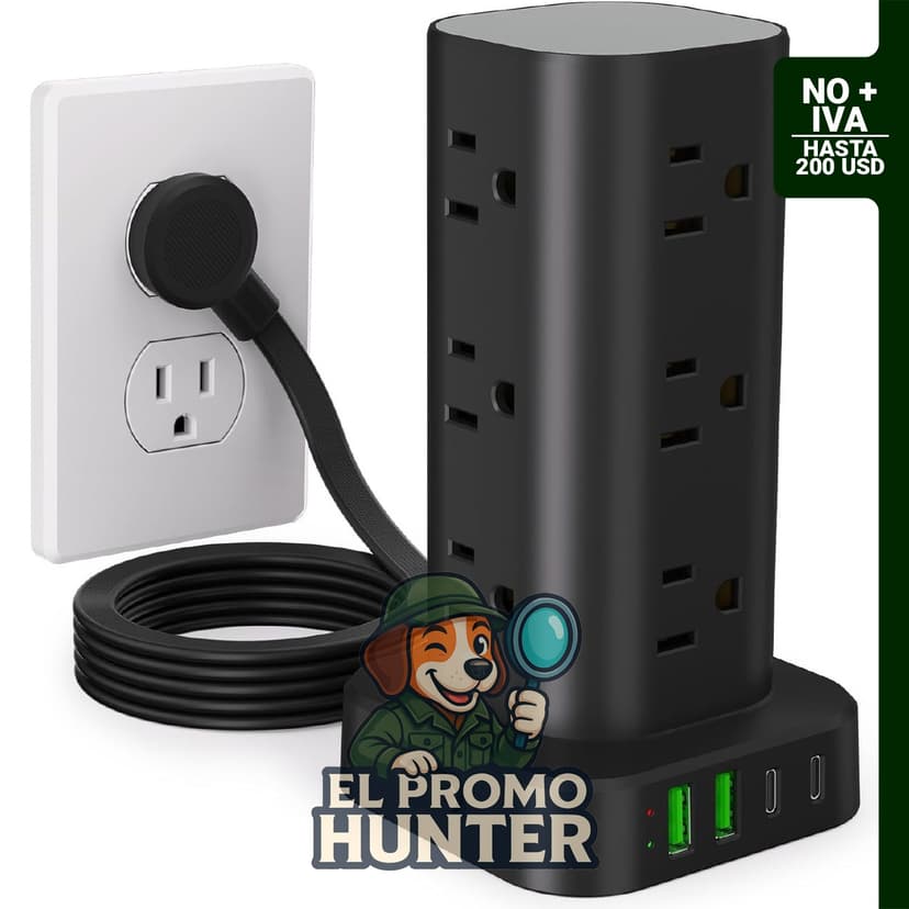 Regleta de alimentación de torre UWIWUTEI con 12 tomas de CA y 4 puertos USB (2 USB C), cable de 6 pies.