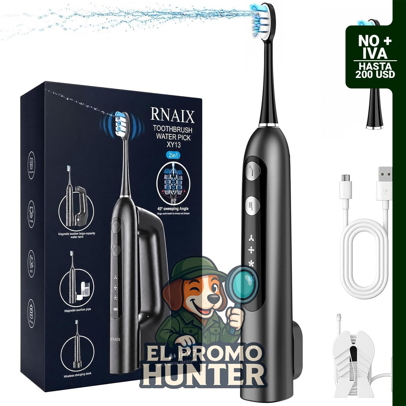 RNAIX cepillo de dientes eléctrico sónico 3 en 1 e irrigador dental inalámbrico con 3 modos.