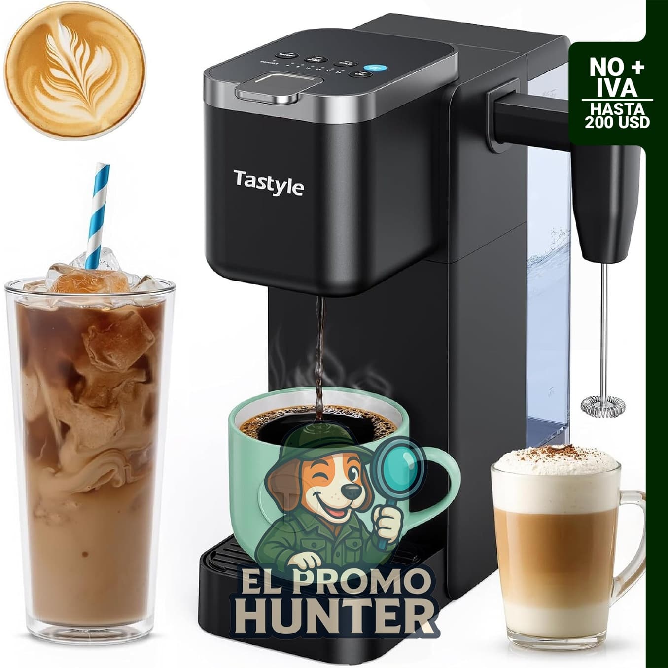Cafetera Tastyle de una sola porción con espumador de leche desmontable, compatible con cápsulas K y café molido.