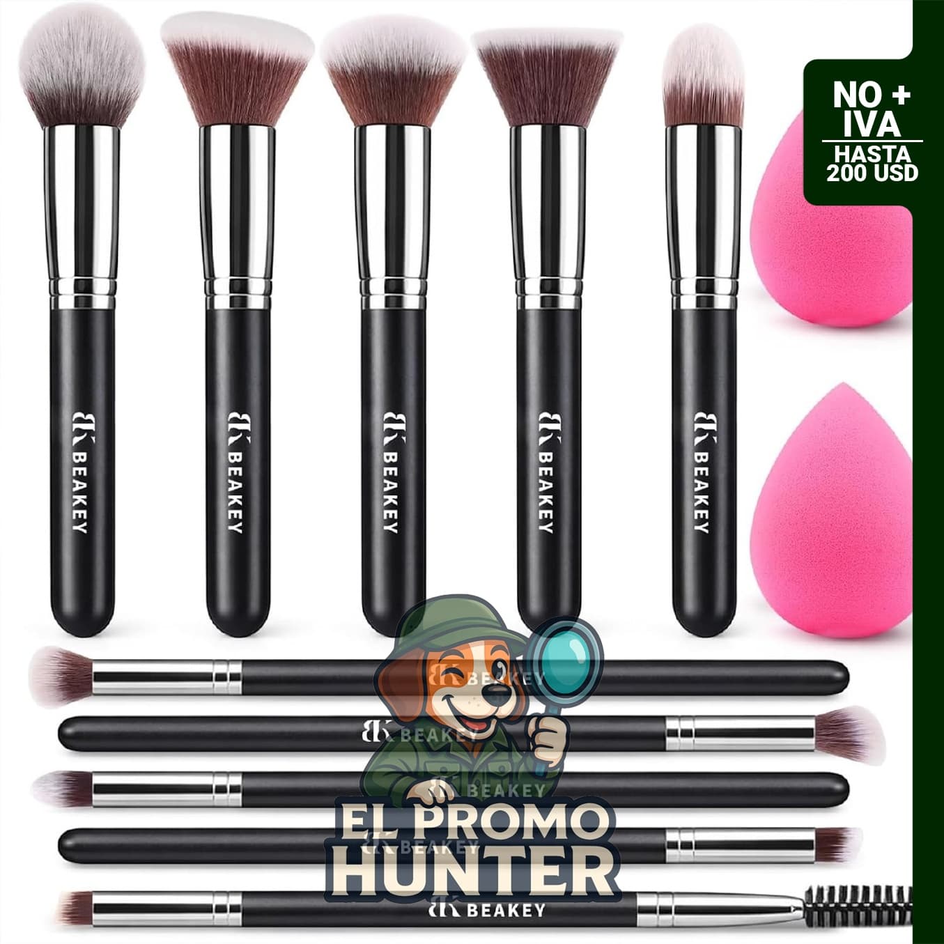 BEAKEY Juego de brochas de maquillaje con 10 pinceles y 2 esponjas de mezcla.