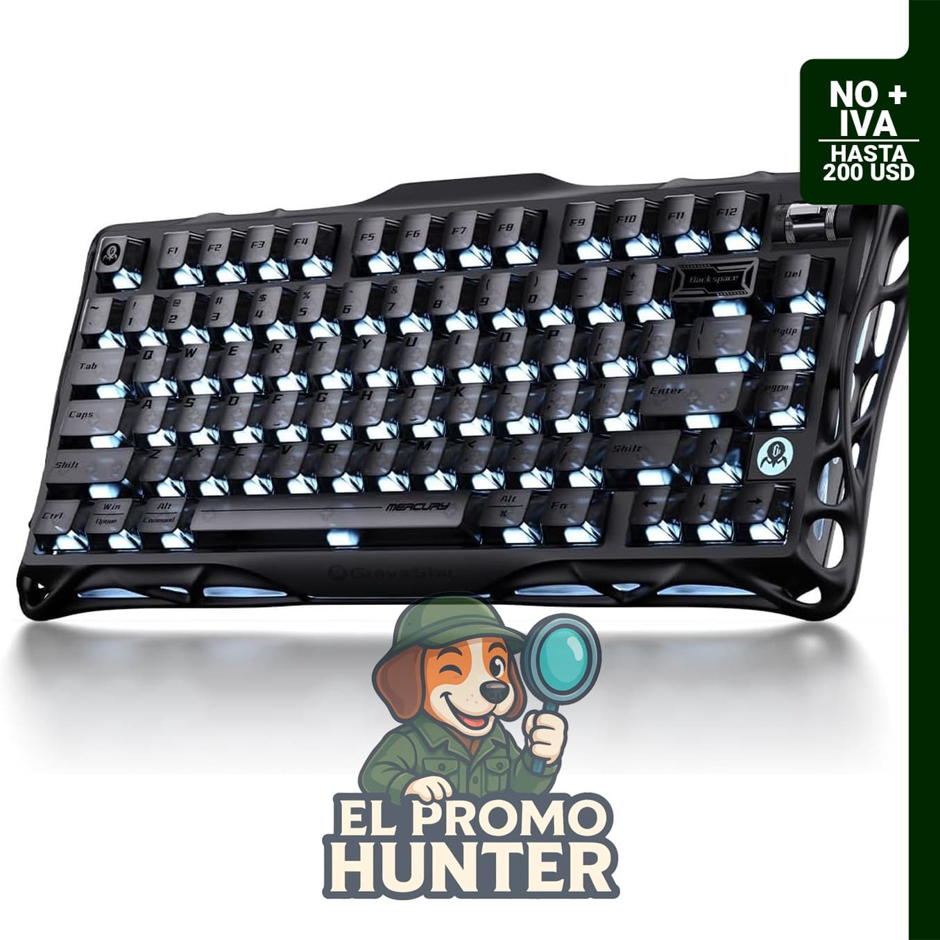 GravaStar Teclado mecánico inalámbrico Mercury K1 75%, aleación de aluminio, interruptores lineales, teclas transparentes.