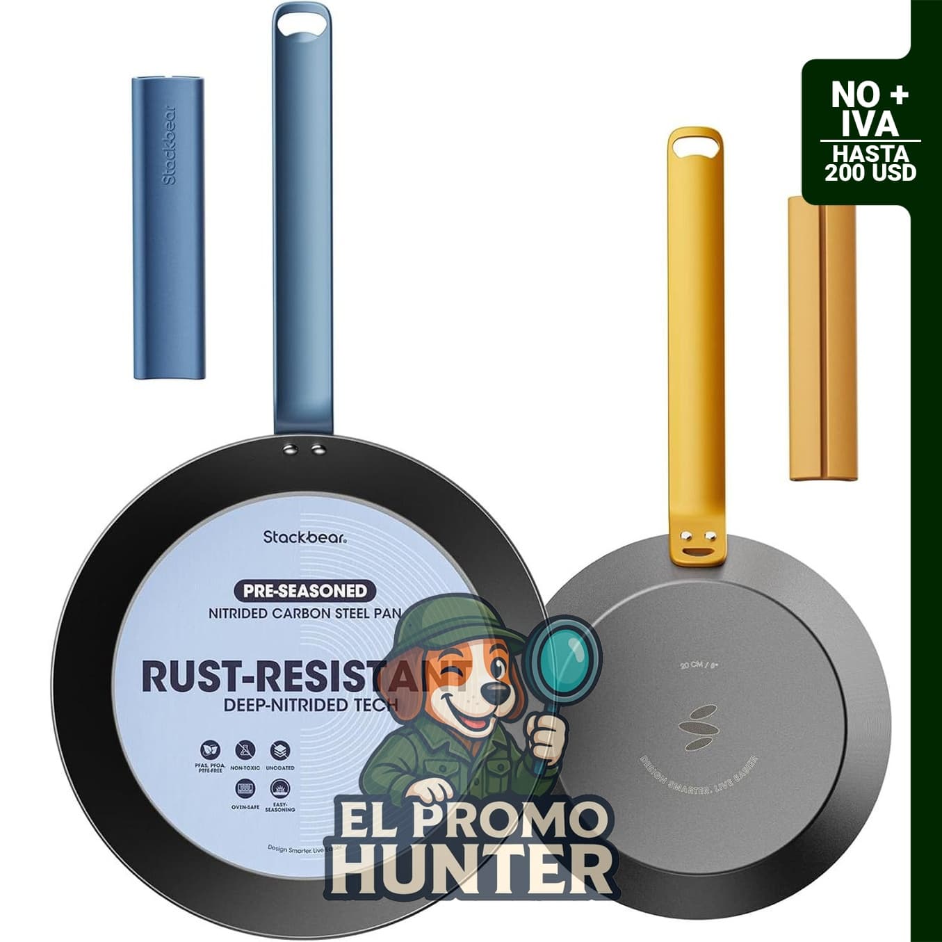 Juego de sartenes de acero al carbono de 20.3 y 25.4 cm, presazonadas y resistentes a la corrosión.