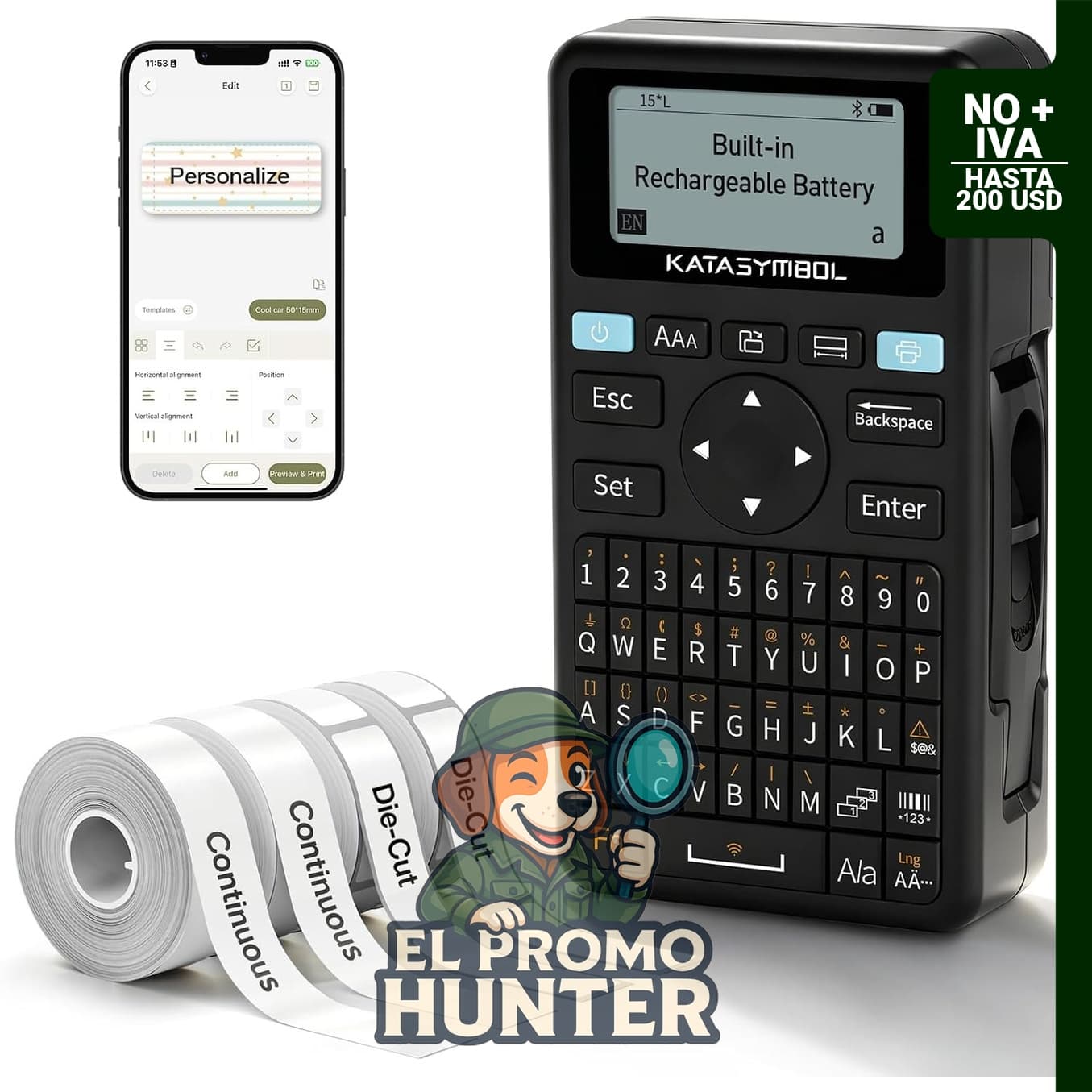 SUPVAN Máquina etiquetadora E11 con teclado y conectividad Bluetooth, incluye 4 cintas.
