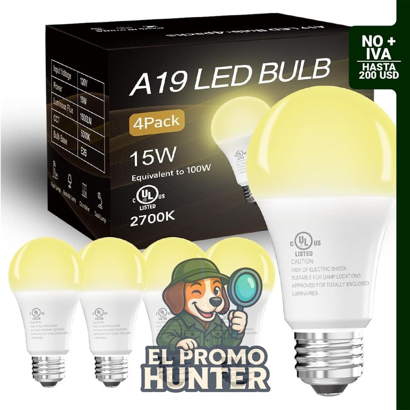 Paquete de 4 bombillas LED de luz cálida suave 2700K, equivalentes a 100 W, base E26, 1500 lm, 15 W de ahorro energético.