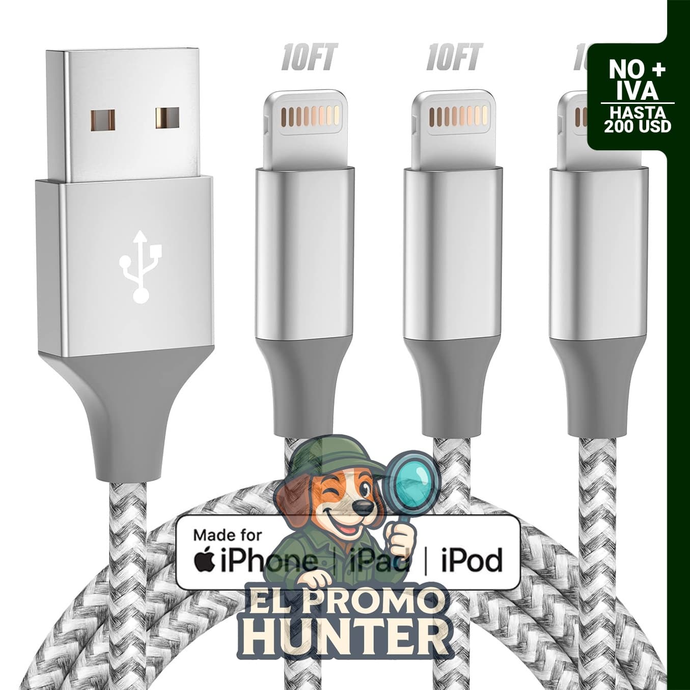 Cargador Bkayp para iPhone, paquete de 3 cables Lightning de 10 pies, certificados MFi, carga rápida y sincronización de datos.