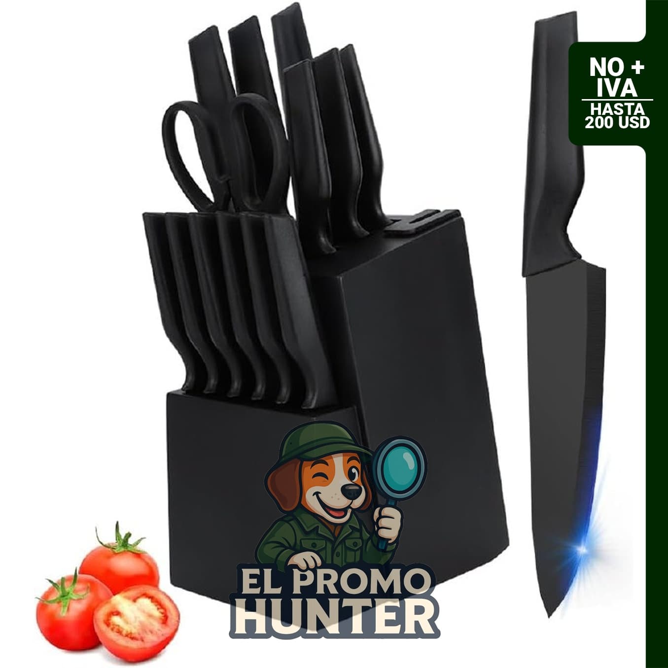 Juego de cuchillos de cocina de 14 piezas con bloque autoafilado, acero inoxidable de alto carbono, mango antideslizante.