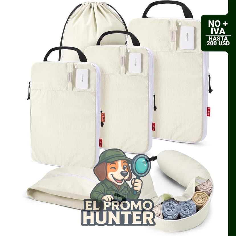 BAGSMART Juego de 6 cubos de compresión para viaje con almohada para el cuello, Beige