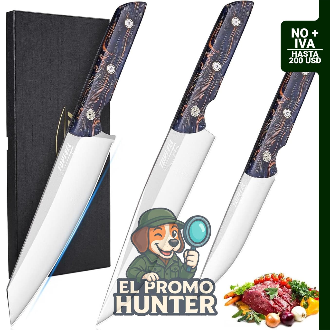Topfeel Juego de cuchillos de chef profesional, incluye cuchillos de chef de 20 cm, cuchillo Kiritsuke de 20 cm y cuchillo utilitario de 13 cm.
