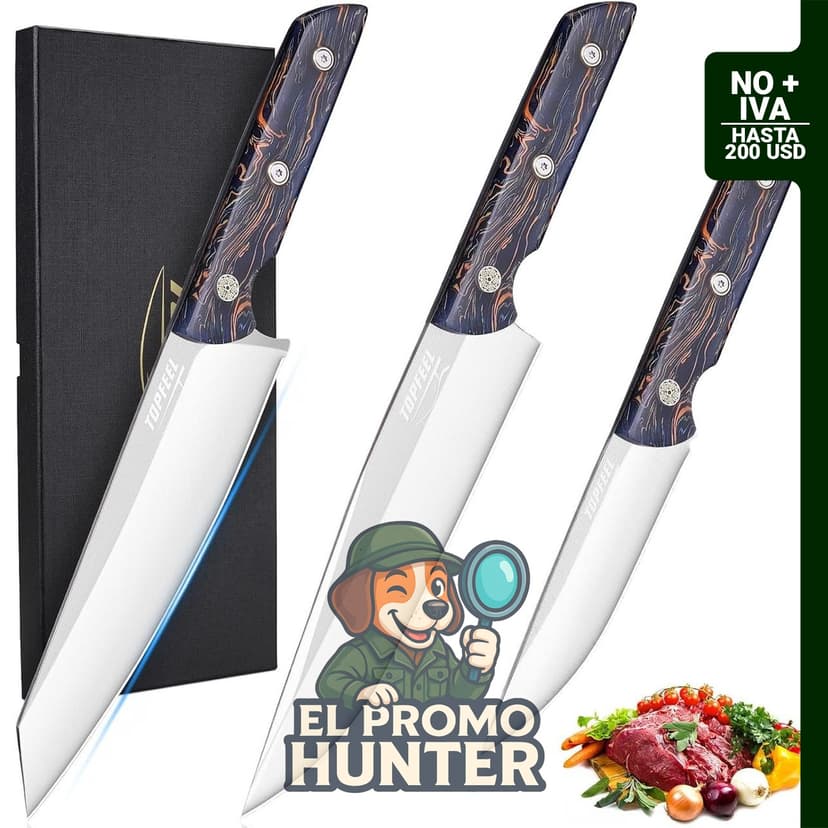 Topfeel Juego de cuchillos de chef profesional, incluye cuchillos de chef de 20 cm, cuchillo Kiritsuke de 20 cm y cuchillo utilitario de 13 cm.