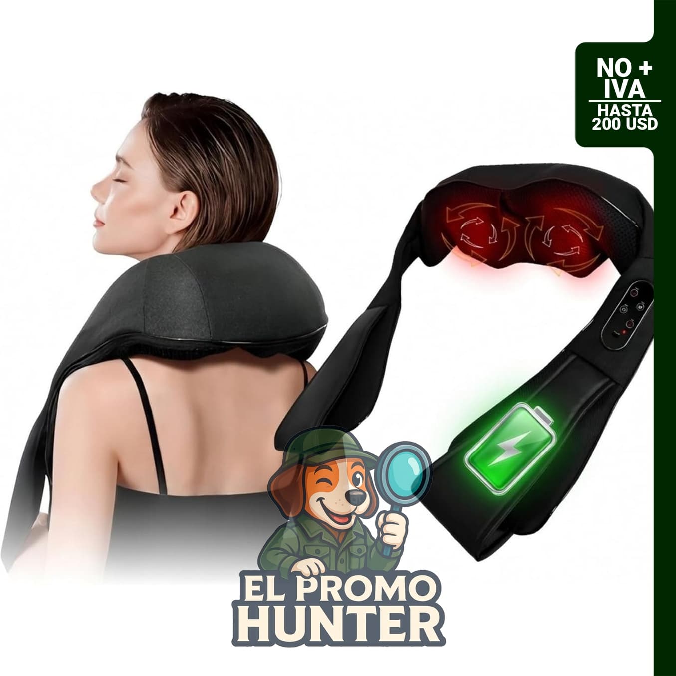 Masajeador inalámbrico de cuello y hombros con calor, recargable, para masaje Shiatsu de tejido profundo.