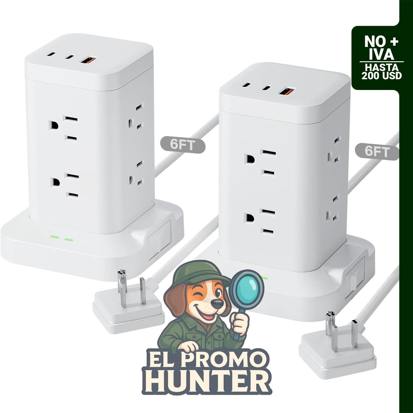 Paquete de 2 regletas de alimentación con 8 salidas de CA y puertos USB-C PD20W, incluye cable de extensión de 6 pies.