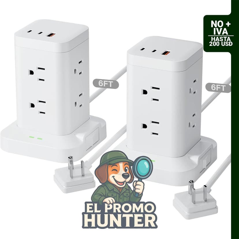 Paquete de 2 regletas de alimentación con 8 salidas de CA y puertos USB-C PD20W, incluye cable de extensión de 6 pies.