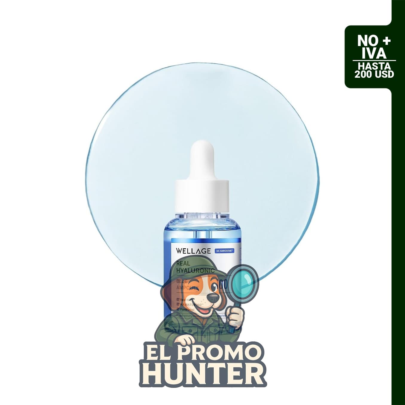 WELLAGE Real Ampolleta Azul de Ácido Hialurónico 100, suero hidratante para piel sensible y seca.