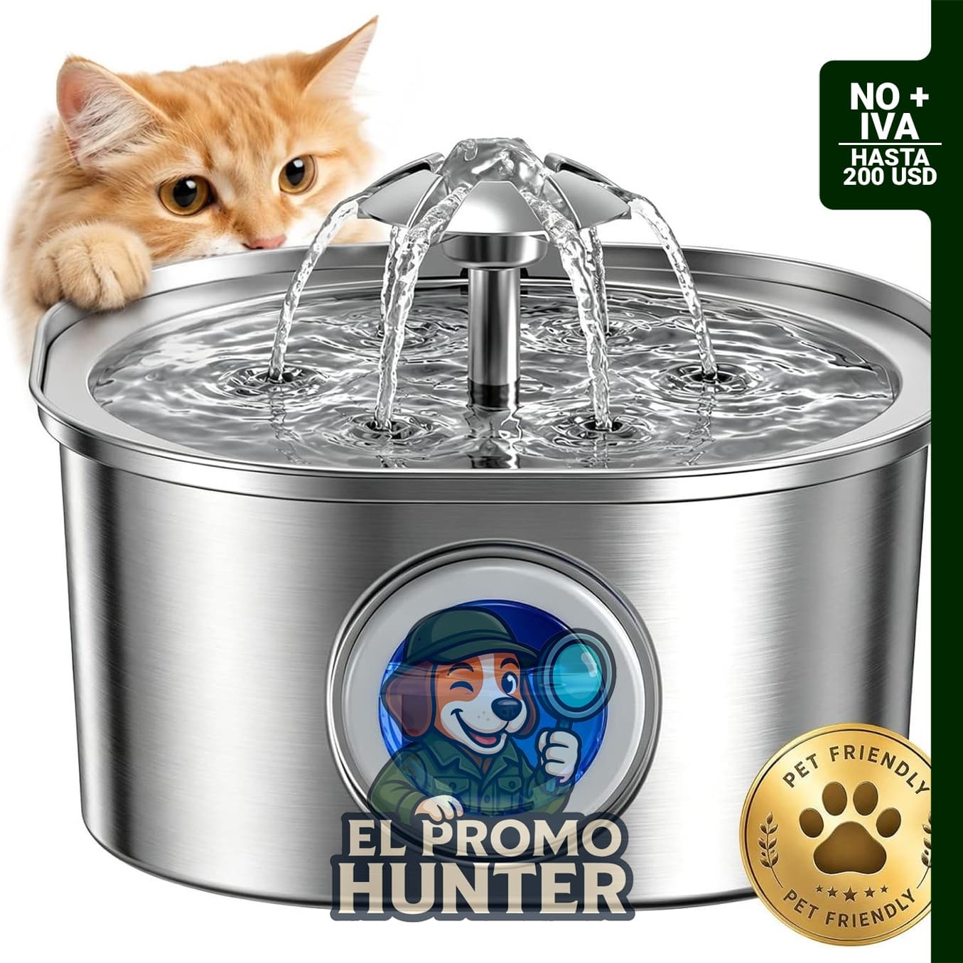 Fuente de agua para gatos PEKTACO de acero inoxidable, 3.2L, incluye 1 filtro.