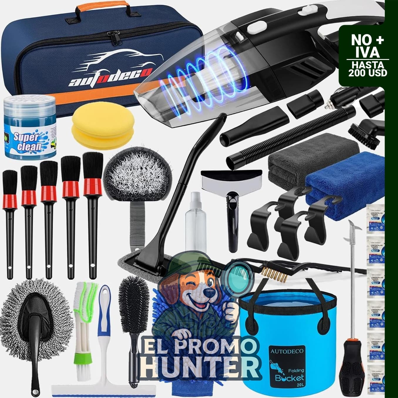 Kit de limpieza de 41 piezas para automóvil, incluye aspiradora de mano, cubo plegable y herramientas de limpieza.