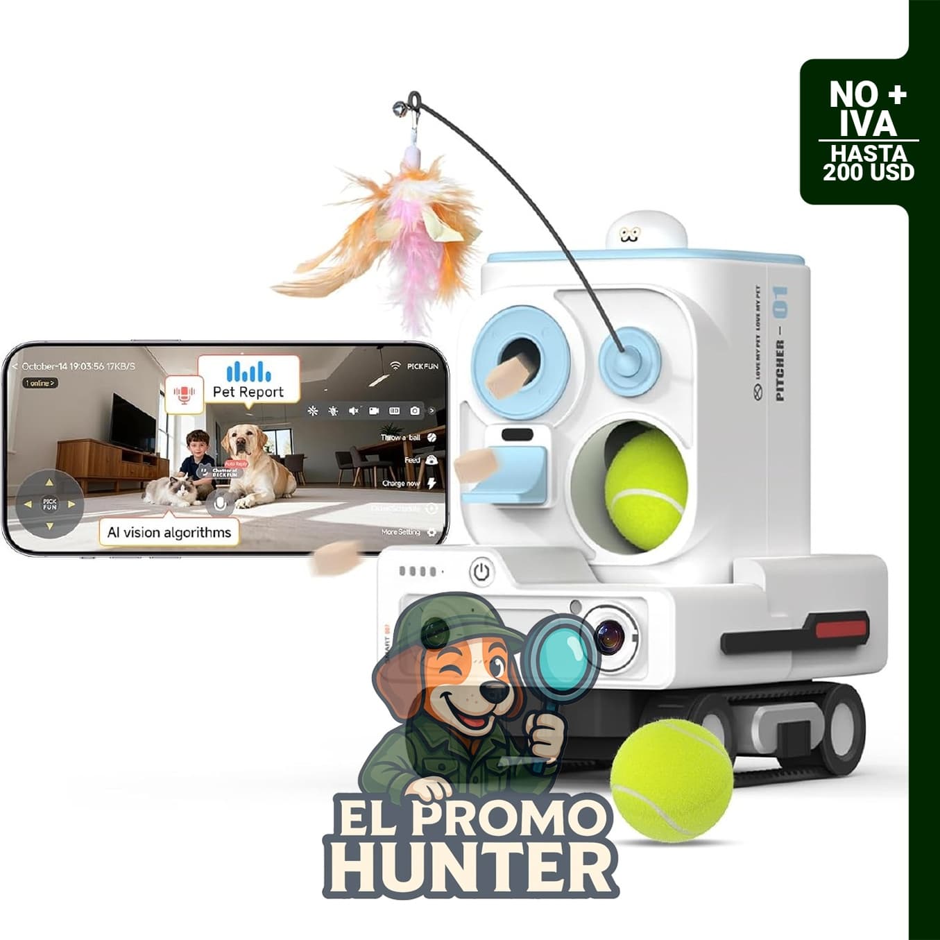 Pmate AI Pet Camera Robot Companion, cámara para perros y gatos con reconocimiento visual y visión nocturna.