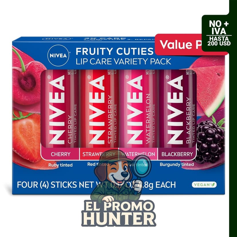 Bálsamo labial tintado NIVEA en sabores de frutas (cereza, fresa, mora y sandía), 0.17 oz por barra, paquete de 4.
