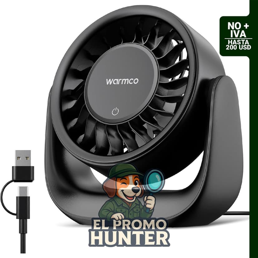 Warmco Ventilador de escritorio USB, control táctil, alimentado por USB-A y USB-C, 3 velocidades de flujo de aire.