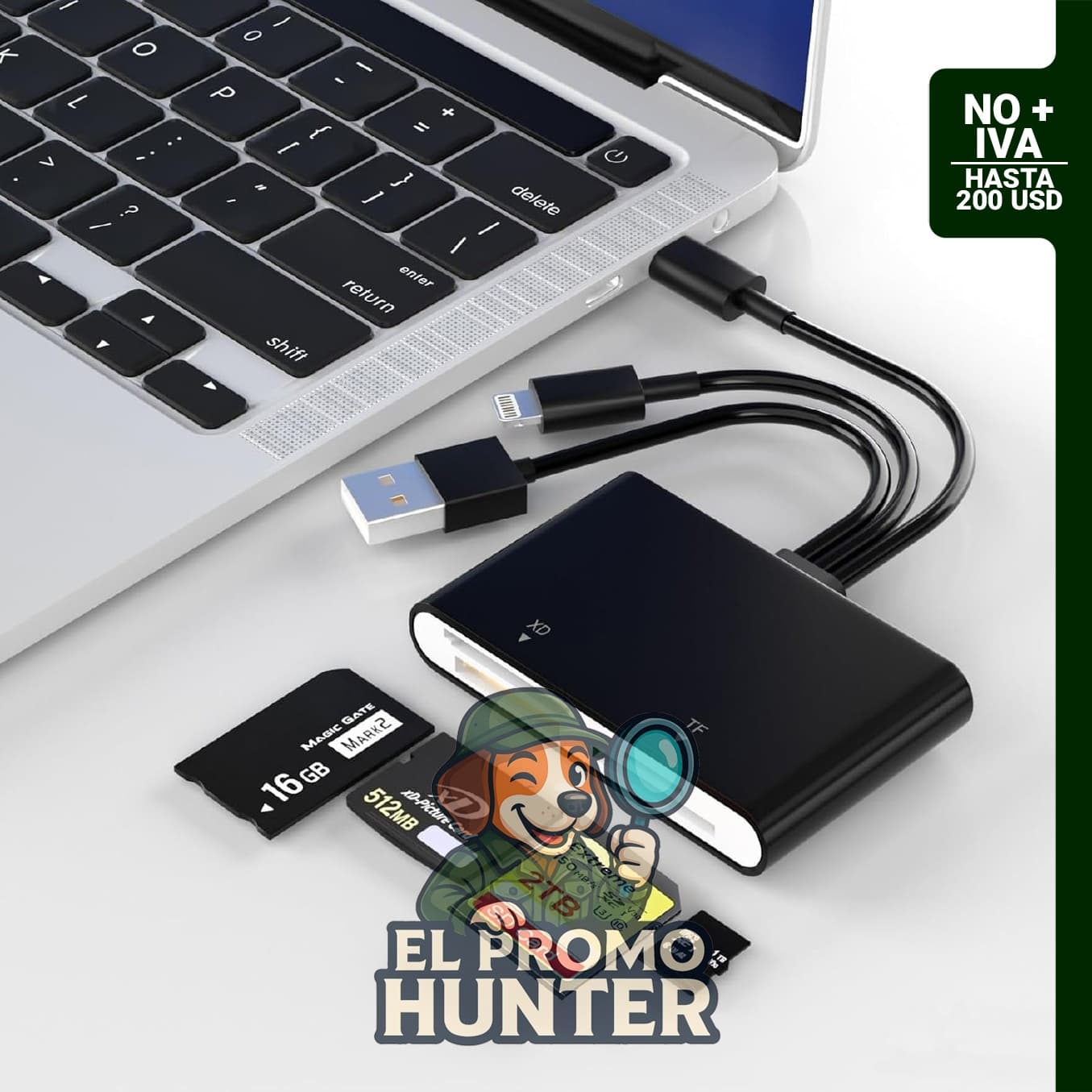 Adaptador Memory Stick Pro Duo, lector 4 en 1 para tarjetas SD/TF/MS/XD, compatible con USB C, Lightning y USB A.