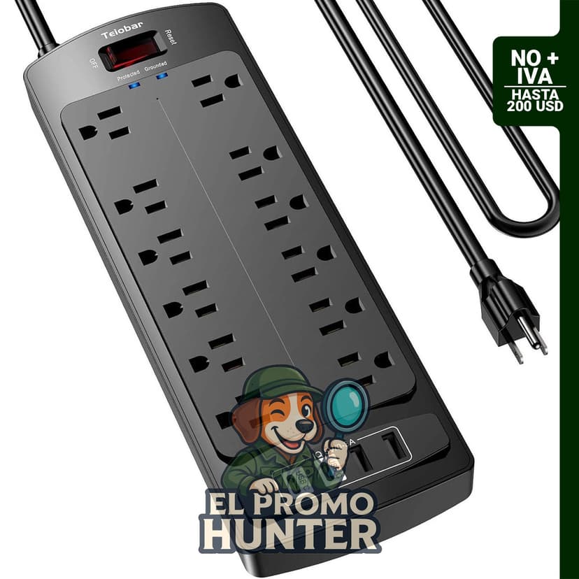Teiobar cable de extensión de 6 pies con 12 salidas de CA y 4 puertos USB, 2700 julios, certificación ETL.