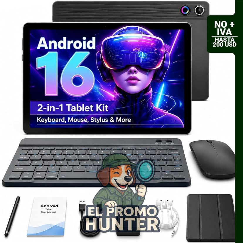 Jeazans Tablet Android 16, 10.1" (25.6 cm), 2 en 1 con teclado, mouse inalámbrico, lápiz capacitivo, funda de cuero, cámara doble, 64 GB de almacenamiento y 1 TB de expansión.