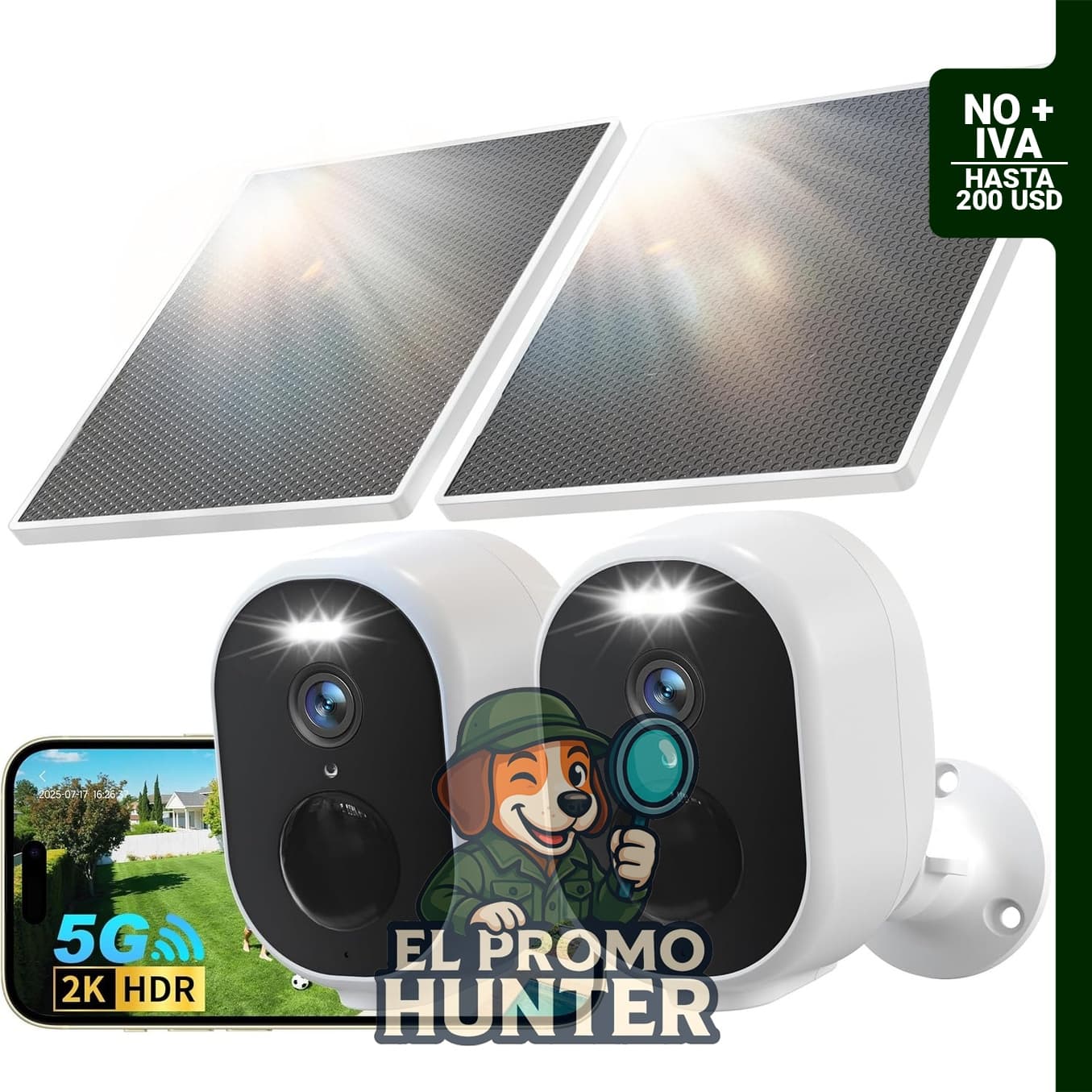 GNCC Paquete de 2 cámaras solares inalámbricas para exteriores, WiFi 5G y 2.4GHz, resolución 2K, visión nocturna a color, detección de IA y alarma de sirena.
