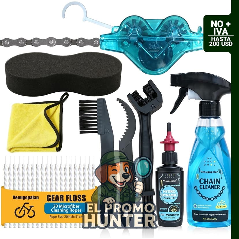 Kit de limpieza para bicicletas que incluye desengrasante, limpiador y lubricante de cadena.