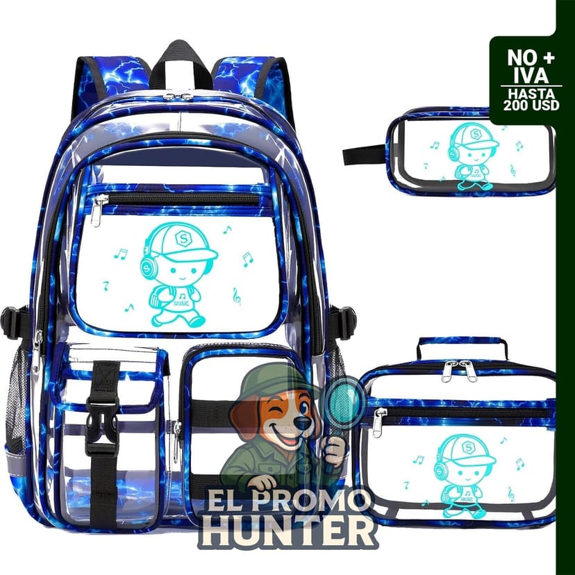 Mochila transparente 04 para niños, modelo Blue Lightning, diseño moderno.
