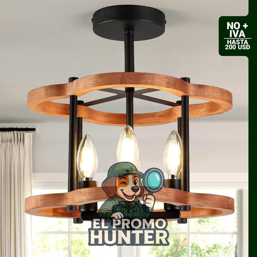 Lámpara de techo rústica semiempotrada de 4 luces, 33 cm, de madera y metal negro.