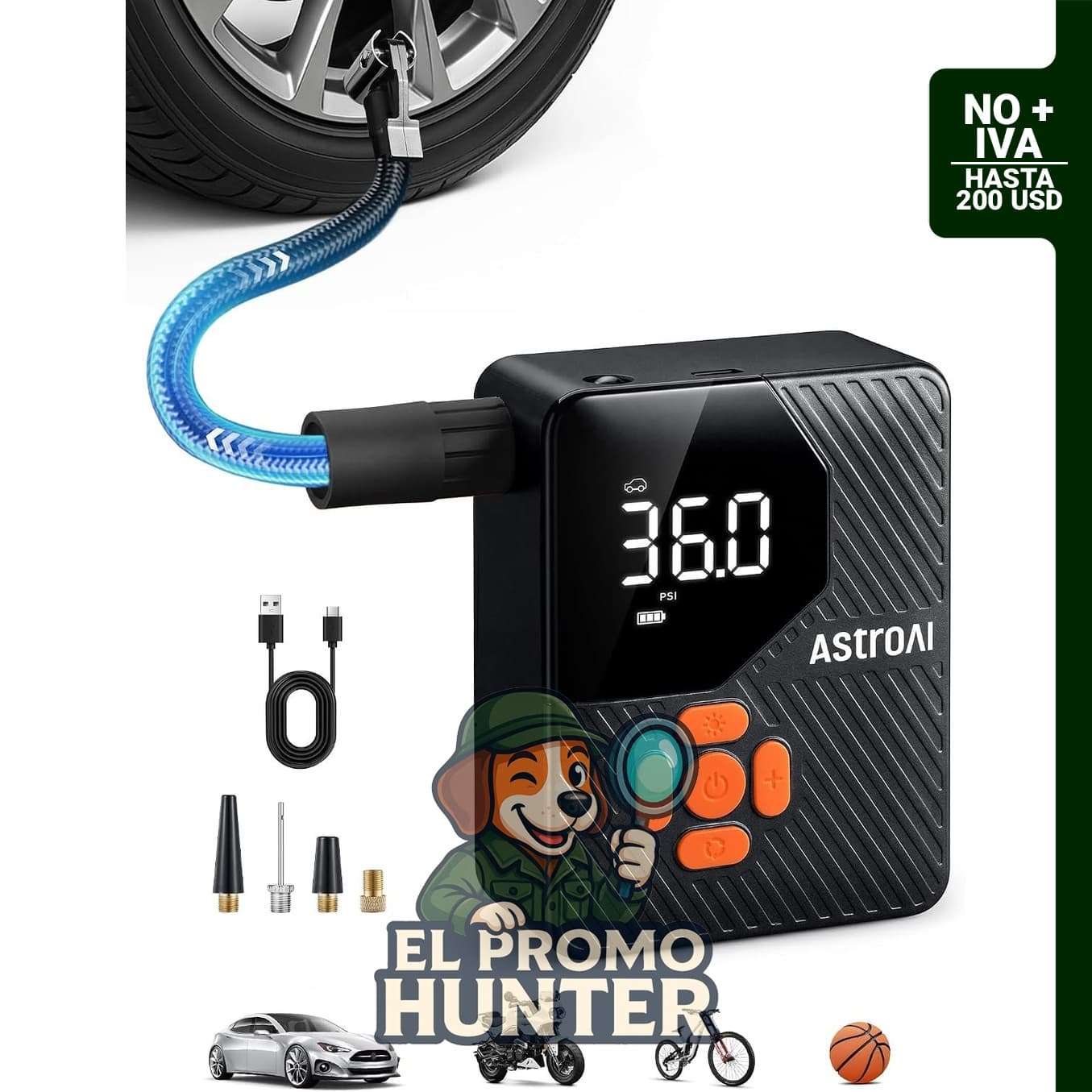 AstroAI L7 Mini Compresor de Aire Portátil, inflador de neumáticos inalámbrico de 150 PSI con luces LED y medidor de presión.