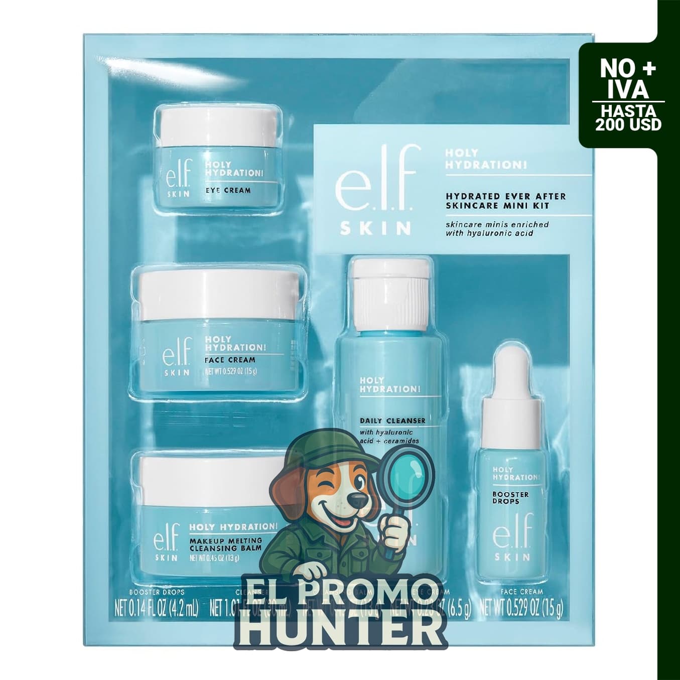 e.l.f. SKIN Holy Hydration! Hydrated Ever After - Mini kit de cuidado de la piel con limpiador, desmaquillante, crema hidratante y crema de ojos.