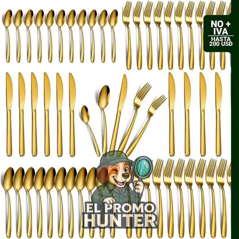 Hunnycook juego de cubiertos dorados de 60 piezas de acero inoxidable para 12 personas, incluye tenedores, cucharas y cuchillos.
