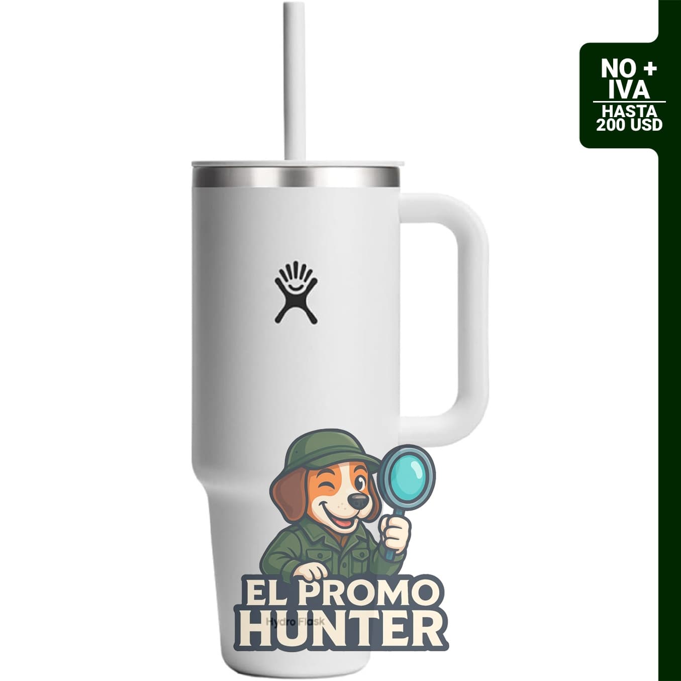 Hydro Flask Vaso de viaje de acero inoxidable aislado de 40 oz (1.18 L) en color blanco.