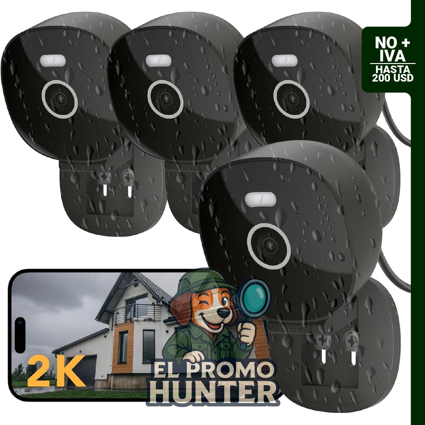 Cámara de seguridad con cable 2K para interior y exterior, visión nocturna a color, impermeable IP65.